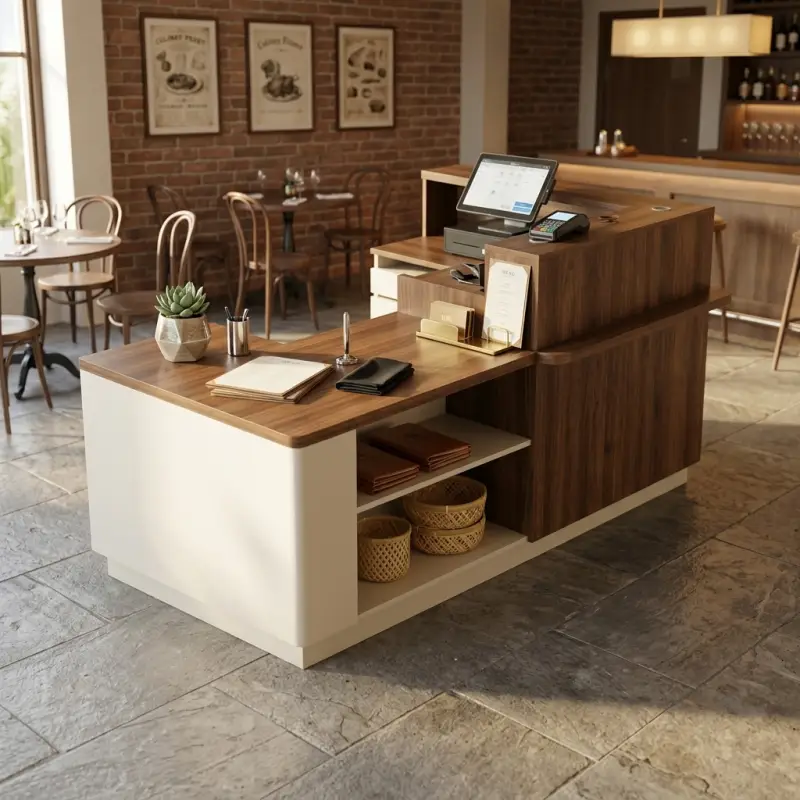 Meja Kasir L-Shape Finishing Walnut & Doff Putih [4]