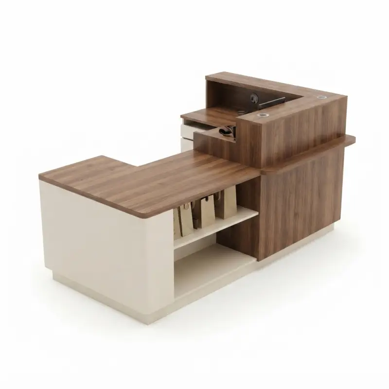Meja Kasir L-Shape Finishing Walnut & Doff Putih [5]