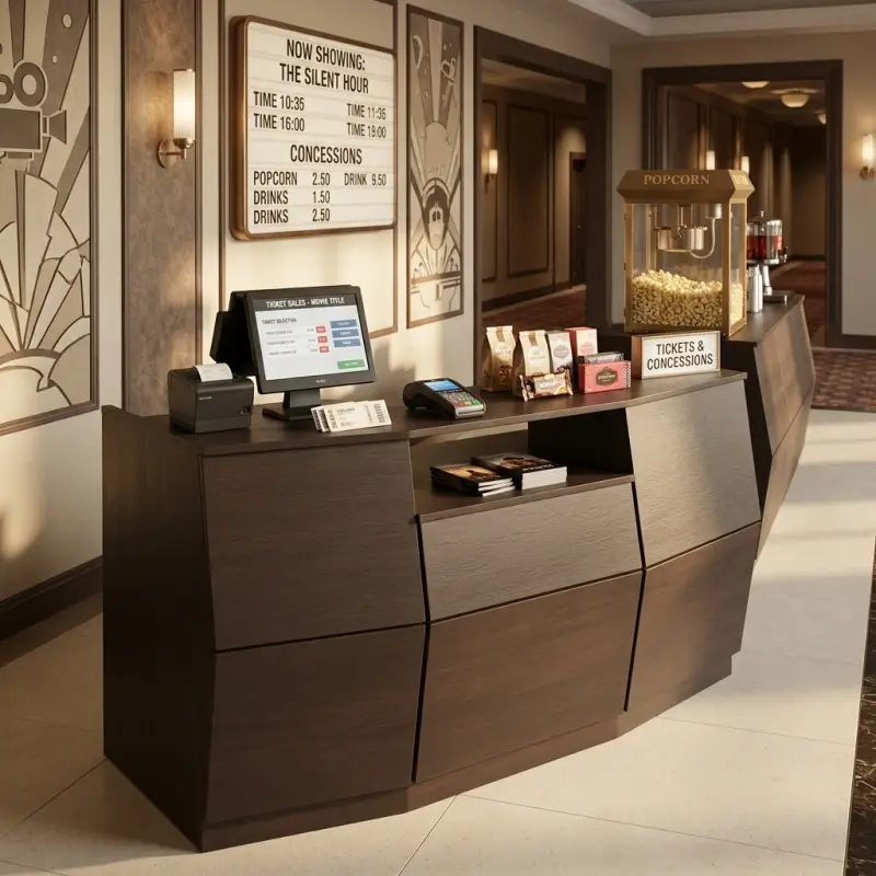 Meja Kasir Melengkung Finishing Woodgrain untuk Lobi Bioskop dan Entertainment [4]