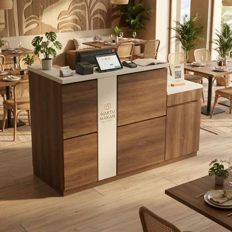Meja Kasir Restoran Woodgrain Dua Level [4]