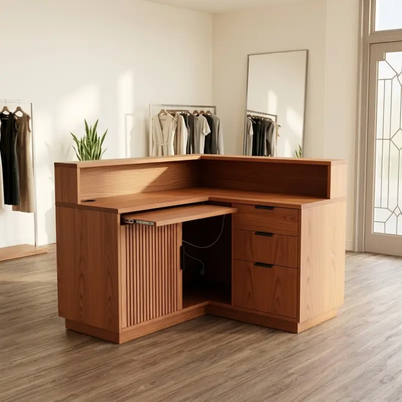 Meja Kasir Sudut L Kayu dengan Laci dan Sliding Tray [2]