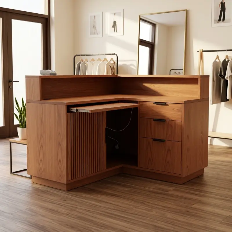 Meja Kasir Sudut L Kayu dengan Laci dan Sliding Tray [4]