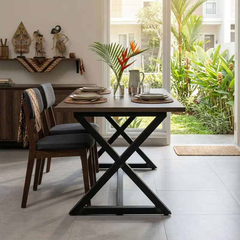 Meja Makan Kaki X Besi Top Kayu Industrial [2]