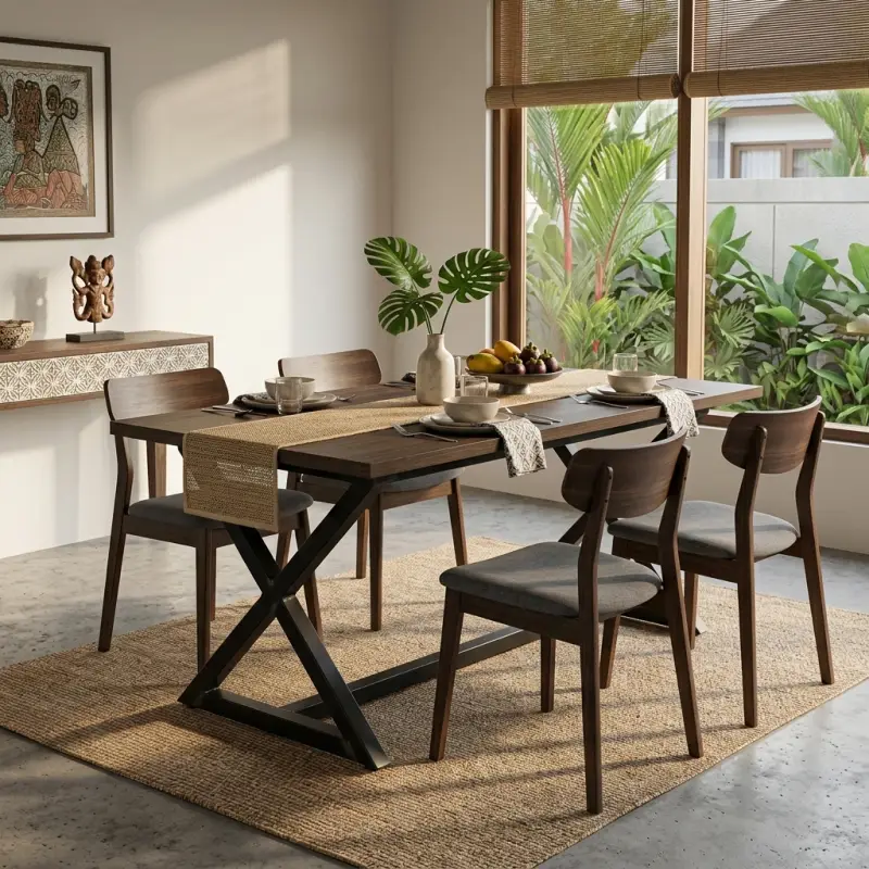 Meja Makan Kaki X Besi Top Kayu Industrial [4]