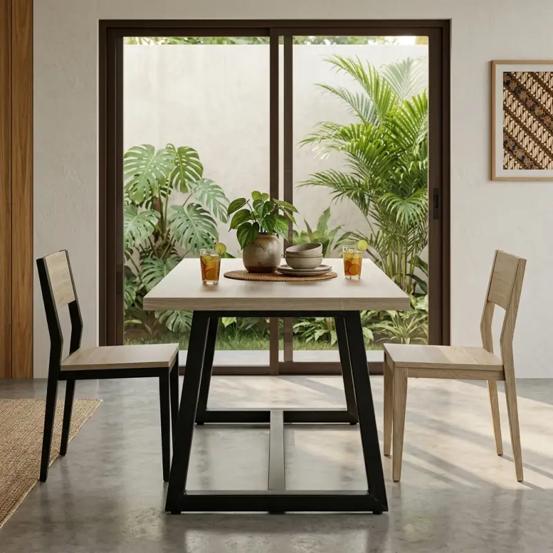 Meja Makan Kayu Kaki Metal Trapesium Industrial [2]