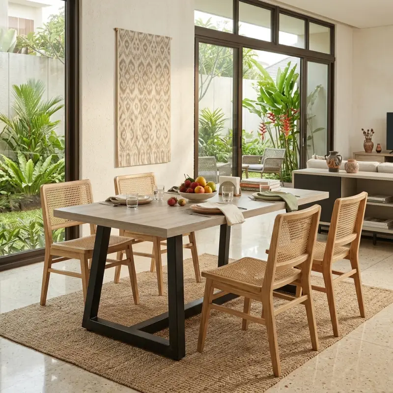 Meja Makan Kayu Kaki Metal Trapesium Industrial [3]