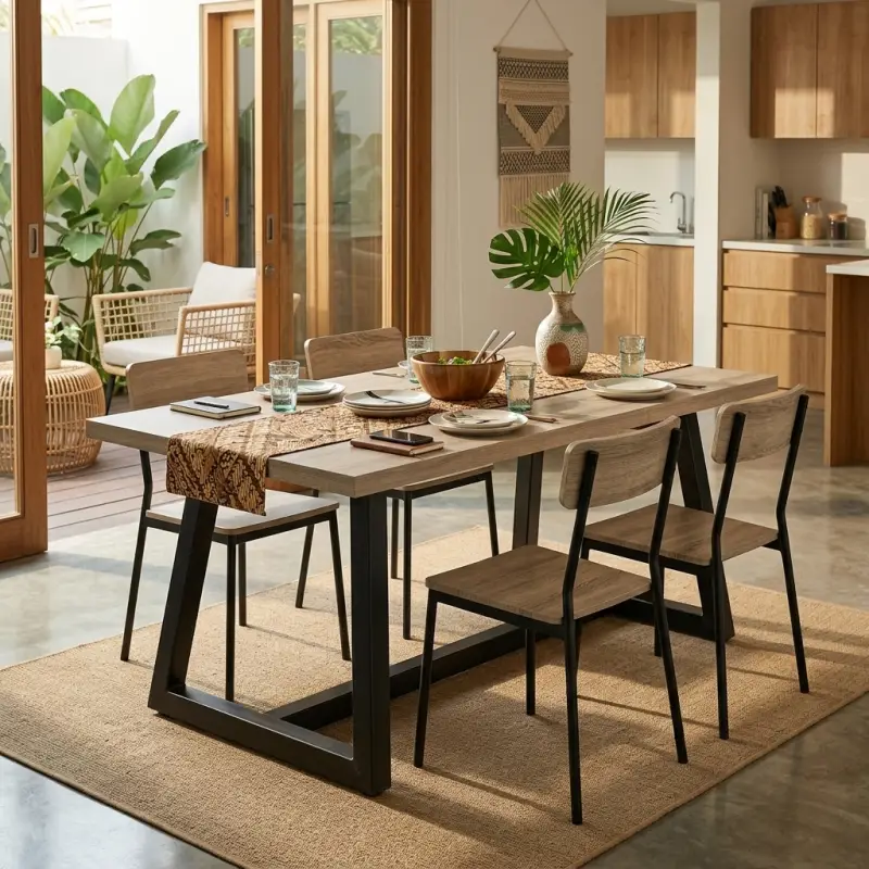 Meja Makan Kayu Kaki Metal Trapesium Industrial [4]