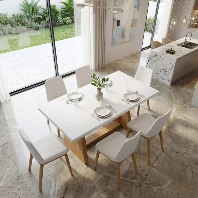 Meja Makan Kayu Scandinavian White Top Trapezoid Base [3]