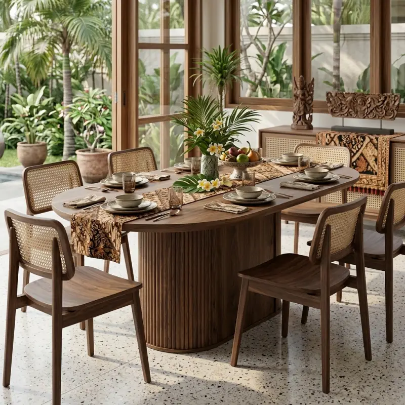 Meja Makan Oval Kayu Solid Kaki Pedestal Fluted [4]