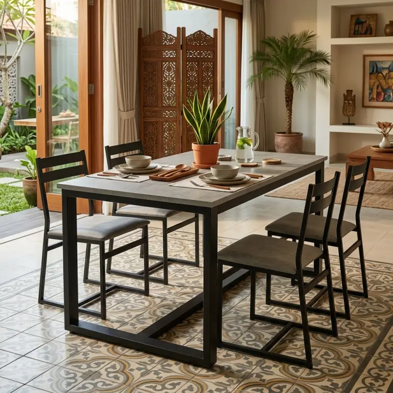 Meja Makan Rangka Besi Kaki U Top Motif Beton [4]