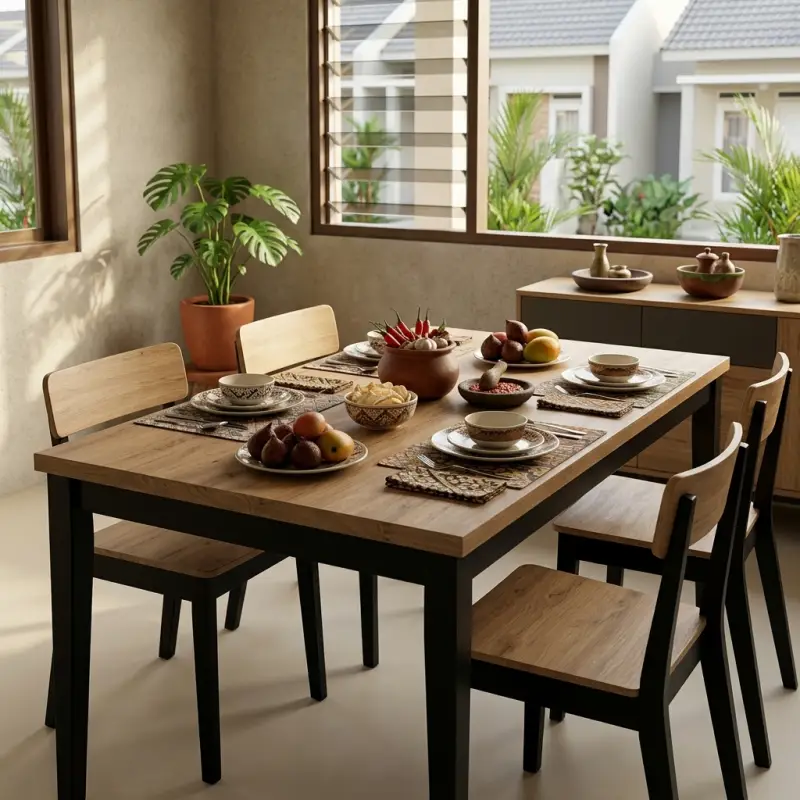 Meja Makan Two-Tone Top Kayu Kaki Hitam [3]