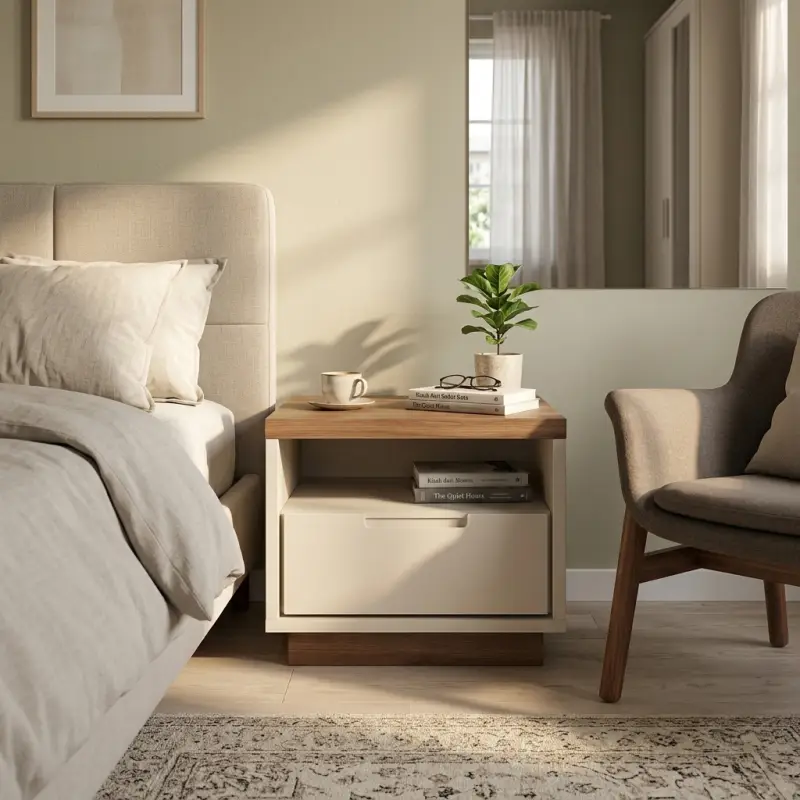 Nakas Minimalis Kayu Walnut Kombinasi Putih 1 Laci Open Shelf [3]