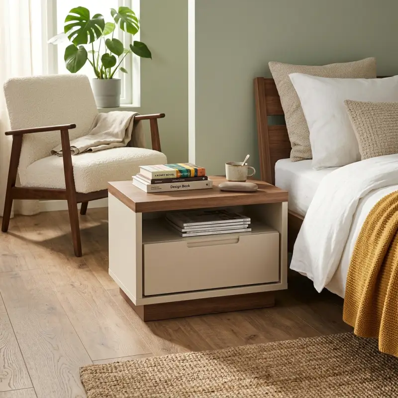 Nakas Minimalis Kayu Walnut Kombinasi Putih 1 Laci Open Shelf [4]