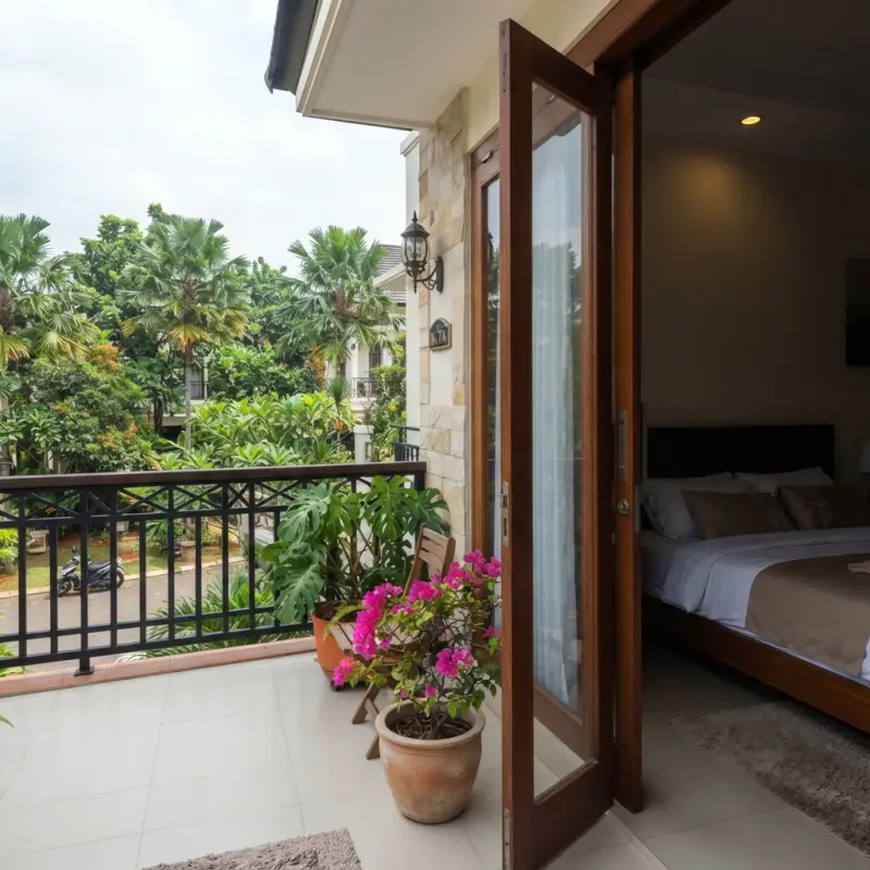 Railing Balkon Besi Motif X dengan Handrail Kayu [4]
