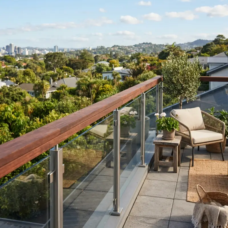 Railing Balkon Kaca Tempered Tiang Stainless Handrail Kayu [4]