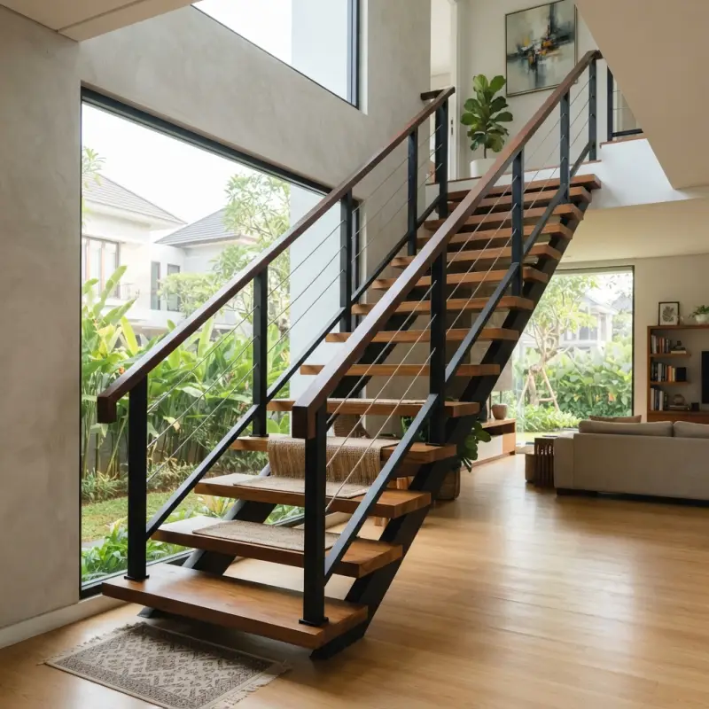 Railing Tangga Besi Hollow Kayu Solid Desain Open Staircase [3]