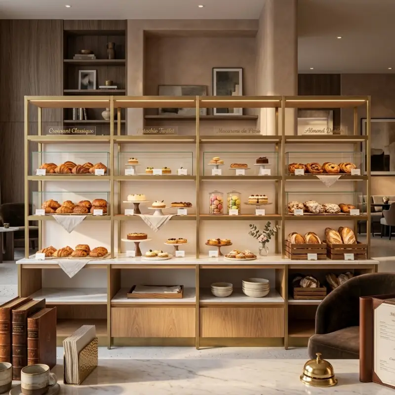 Rak Display Bakery Rangka Besi Finishing Brass dengan Kabinet Kayu [2]