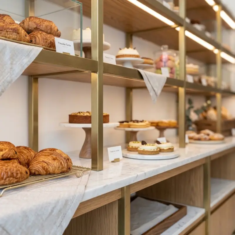 Rak Display Bakery Rangka Besi Finishing Brass dengan Kabinet Kayu [3]