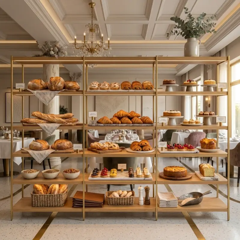 Rak Display Bakery Rangka Besi Finishing Gold dengan Rak Kayu [3]