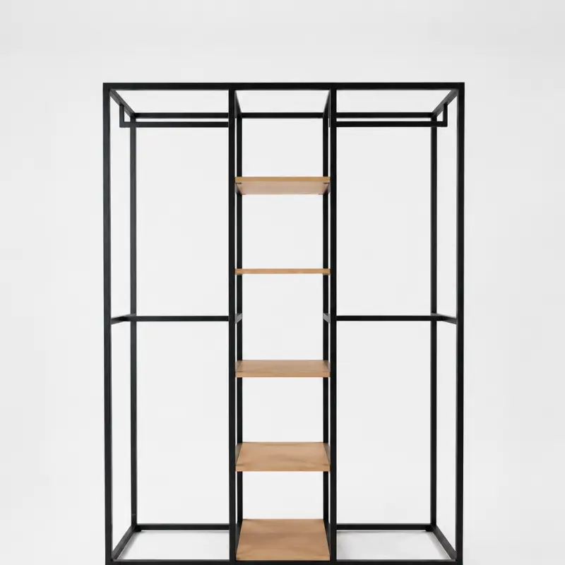 Rak Display Besi Kayu 3 Kolom dengan Rak Tengah [1]