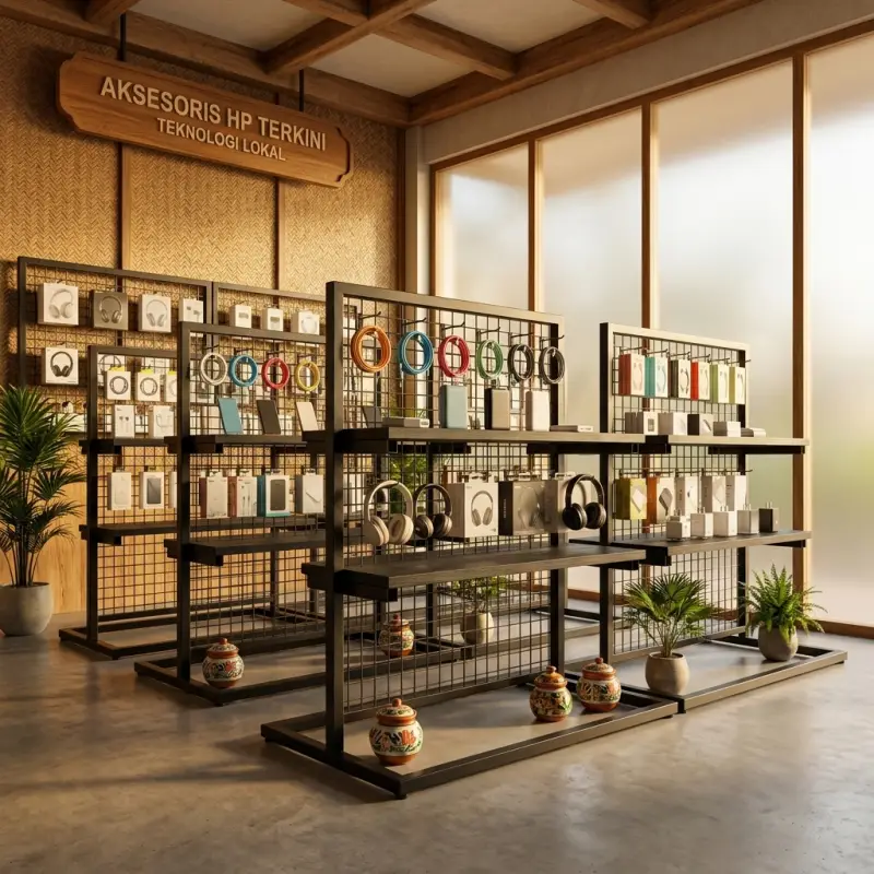 Rak Display Gridwall dengan Rak Kayu dan Hook Gantung [5]