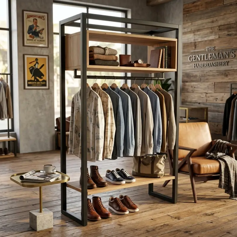 Rak Display Pakaian Besi Kayu Gaya Industrial [3]