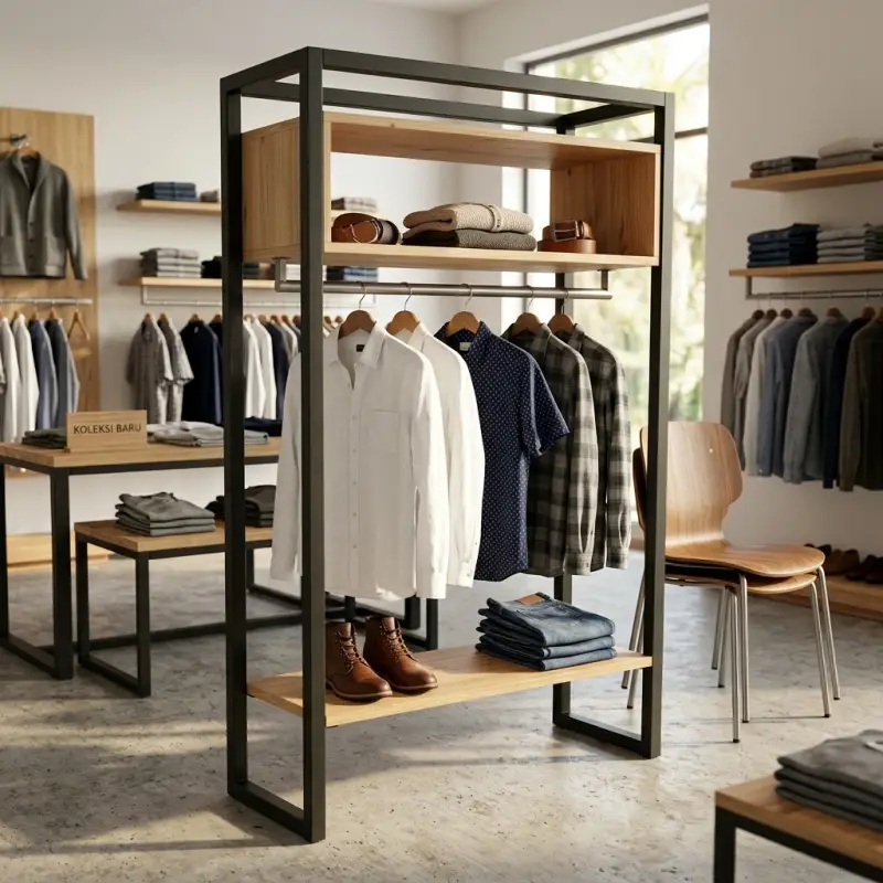 Rak Display Pakaian Besi Kayu Gaya Industrial [4]