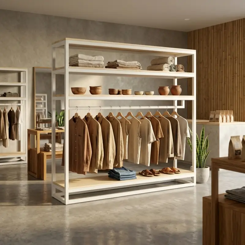 Rak Display Pakaian Besi Kayu Open Shelf dengan Hanging Rail [4]