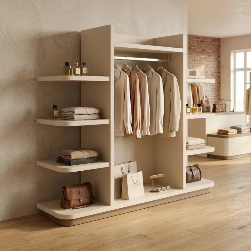 Rak Display Pakaian dengan Hanging Rail dan Rak Samping Bertingkat [2]