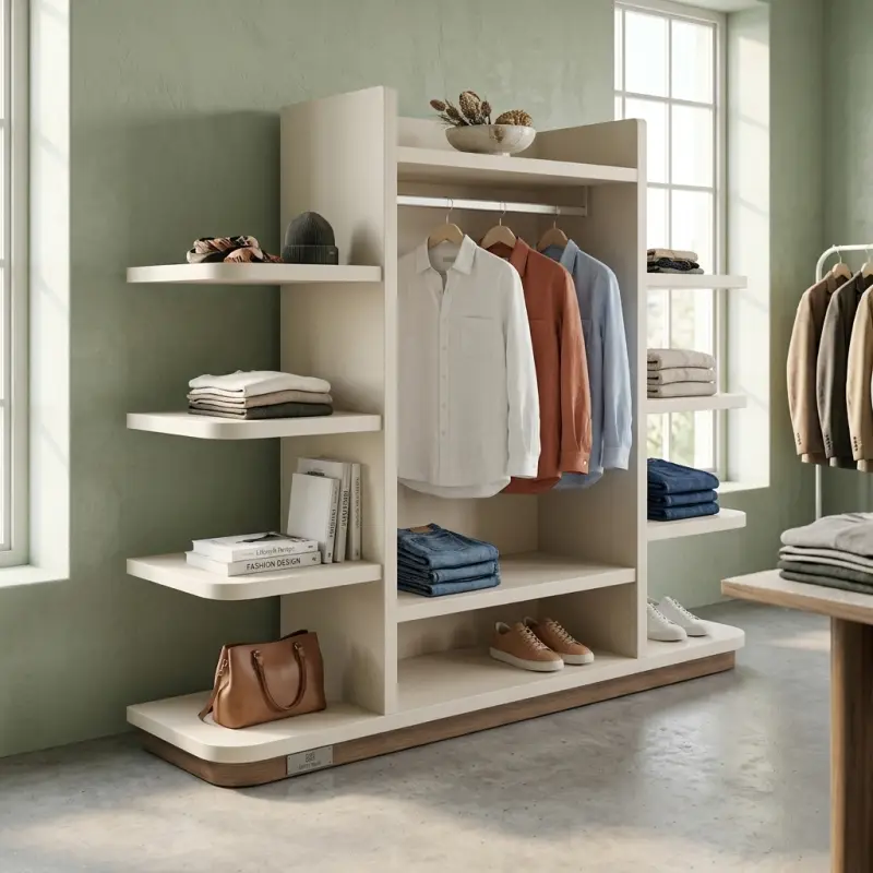 Rak Display Pakaian dengan Hanging Rail dan Rak Samping Bertingkat [5]