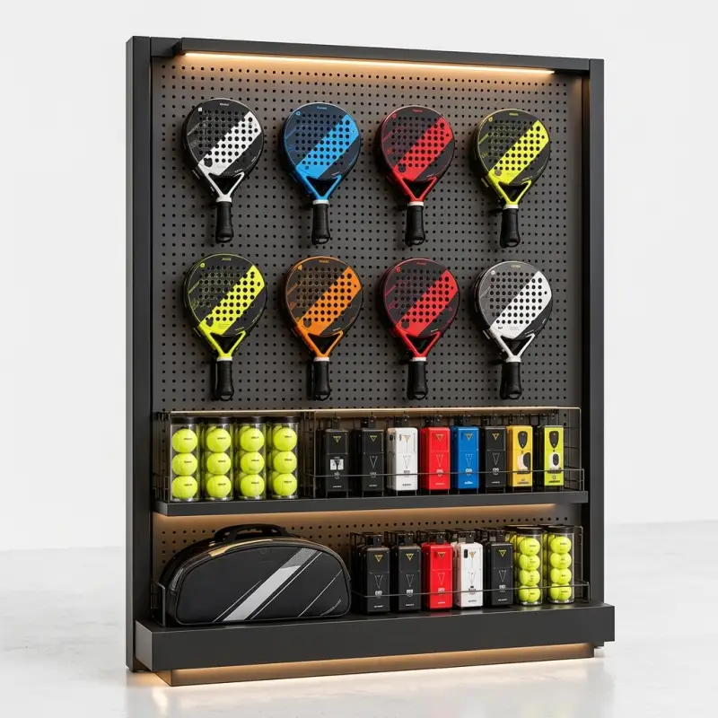 Rak Display Raket Padel dengan Pegboard dan LED [5]