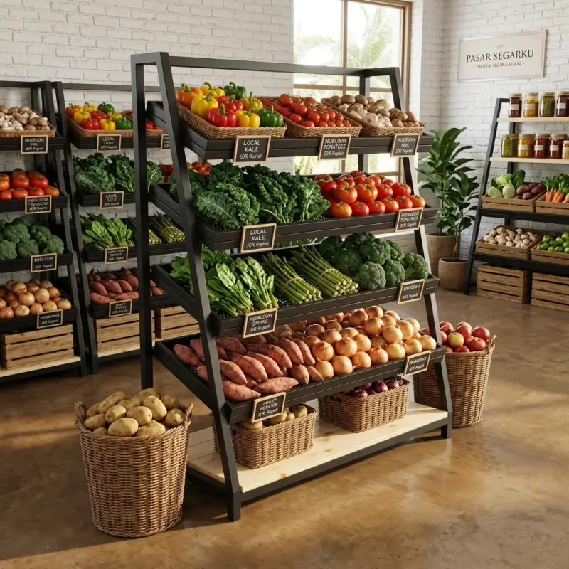 Rak Display Sayur Buah Besi Kayu 4 Tingkat [2]