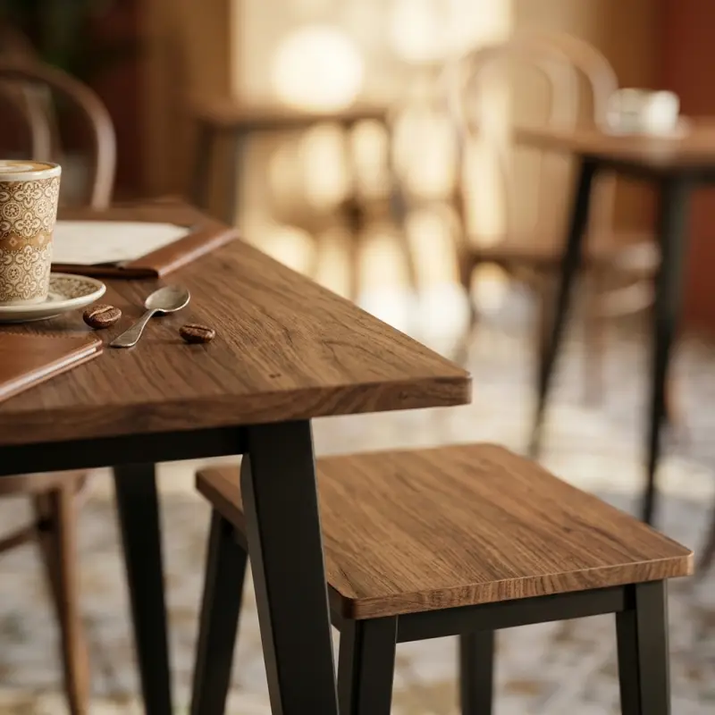 Set Meja Cafe dan Stool Kayu Walnut Kaki Metal Hitam [2]