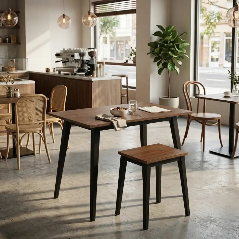 Set Meja Cafe dan Stool Kayu Walnut Kaki Metal Hitam [3]