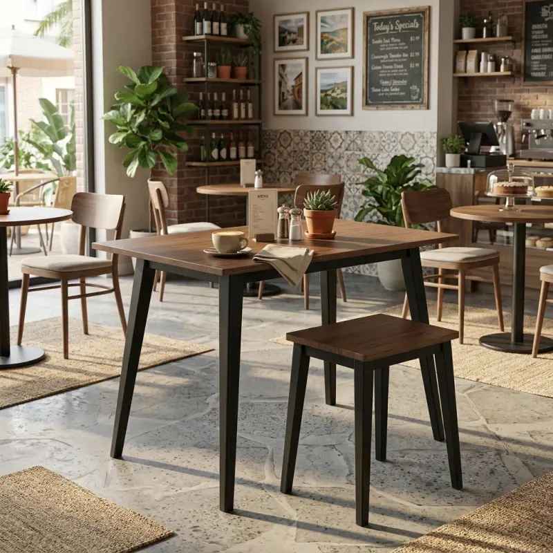 Set Meja Cafe dan Stool Kayu Walnut Kaki Metal Hitam [4]
