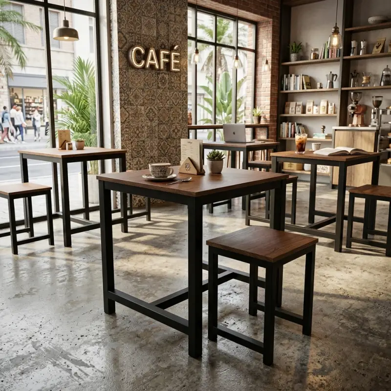 Set Meja Cafe dan Stool Kayu Walnut Kaki Metal Hitam [2]