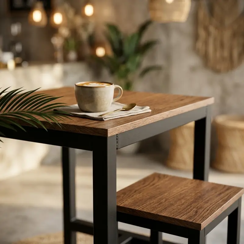 Set Meja Cafe dan Stool Kayu Walnut Kaki Metal Hitam [3]
