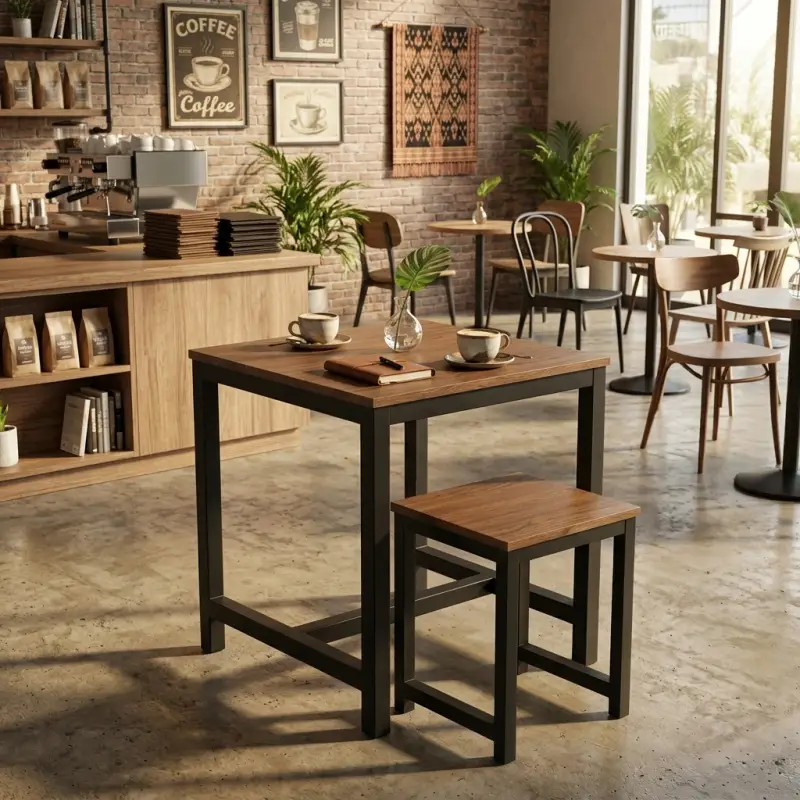 Set Meja Cafe dan Stool Kayu Walnut Kaki Metal Hitam [4]