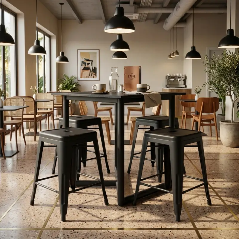 Set Meja Cafe dan Stool Kayu Walnut Kaki Metal Hitam [2]
