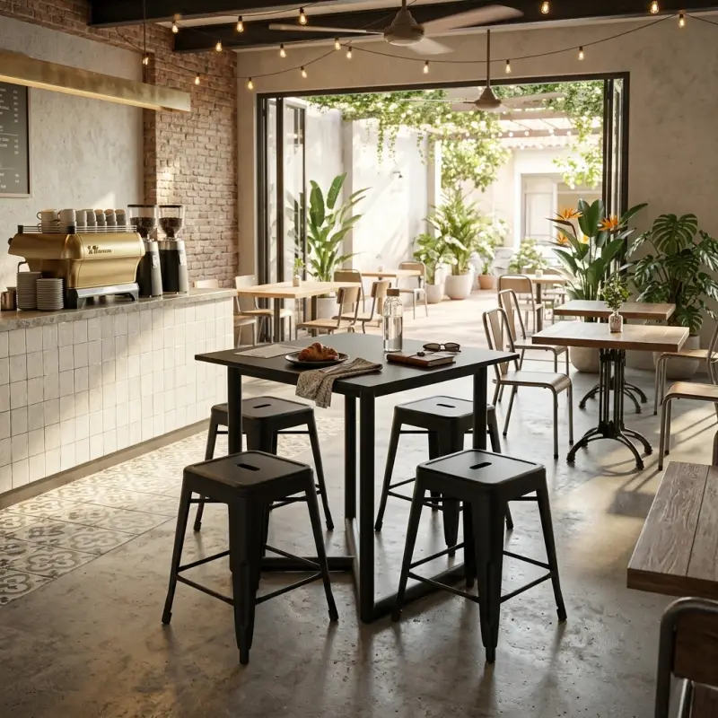 Set Meja Cafe dan Stool Kayu Walnut Kaki Metal Hitam [3]