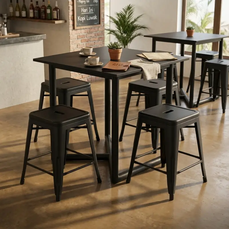 Set Meja Cafe dan Stool Kayu Walnut Kaki Metal Hitam [4]