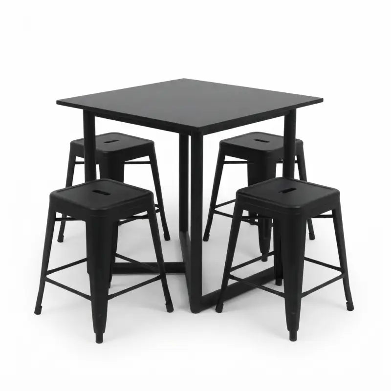 Set Meja Cafe dan Stool Kayu Walnut Kaki Metal Hitam [5]