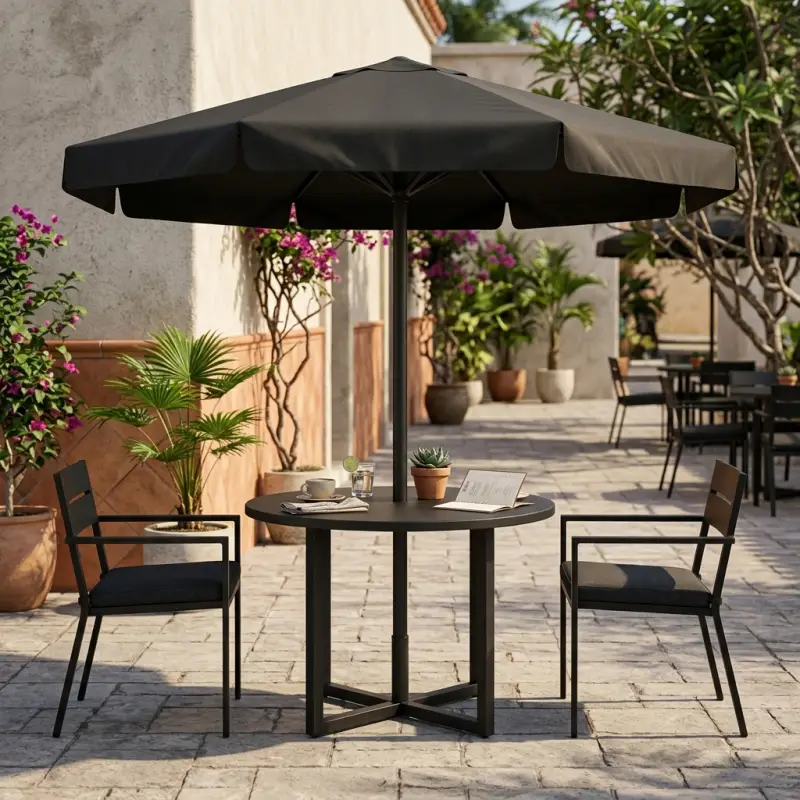 Set Meja Cafe Outdoor Bulat Rangka Besi dengan Payung [2]