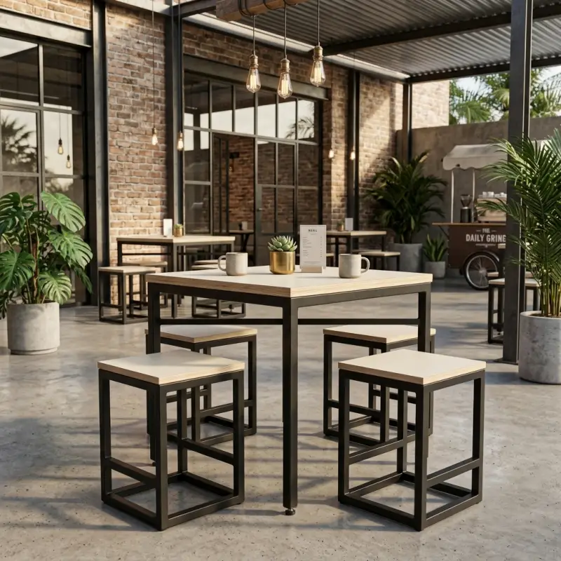 Set Meja Makan Cafe Rangka Besi Hollow Dudukan Plywood [2]
