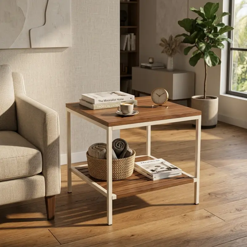 Side Table Besi Kayu Dua Tingkat dengan Rak Bawah [4]