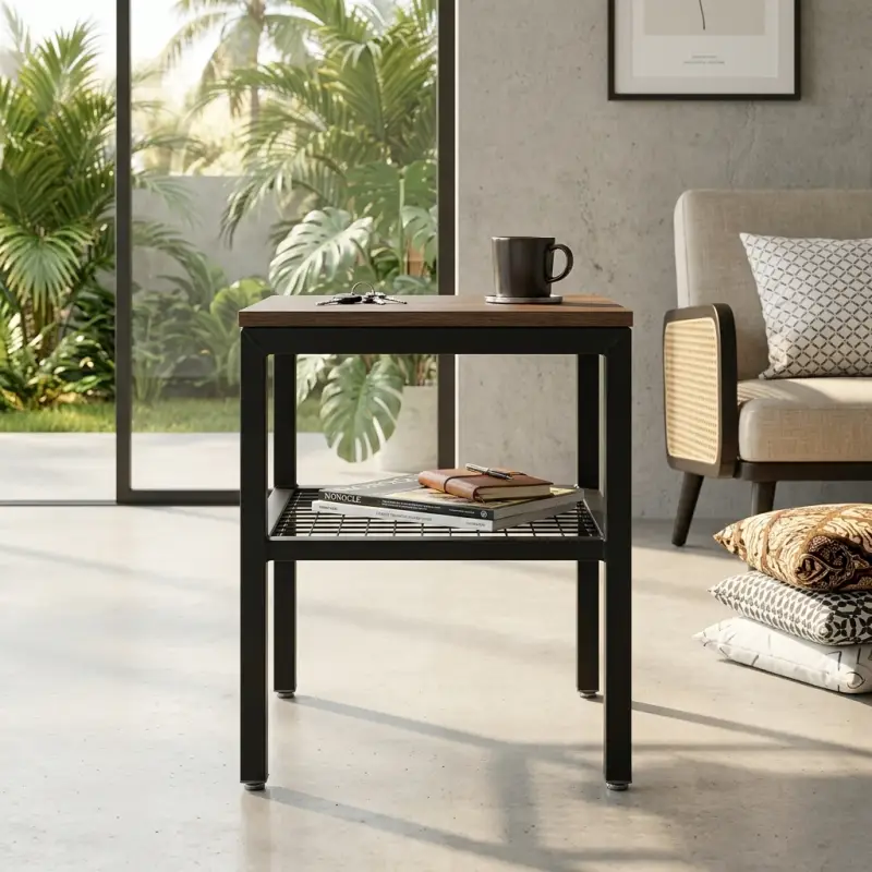 Side Table Industrial Top Kayu Rak Kawat Besi [2]