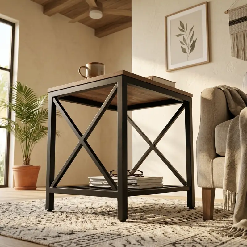 Side Table Industrial X-Frame Top Kayu Rak Besi [2]