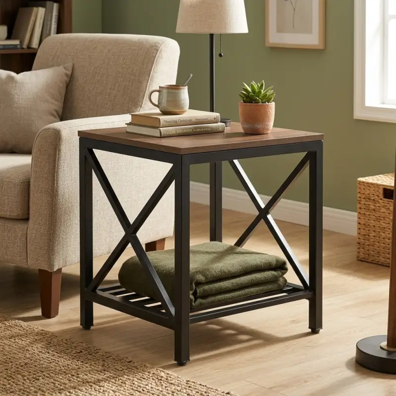 Side Table Industrial X-Frame Top Kayu Rak Besi [4]