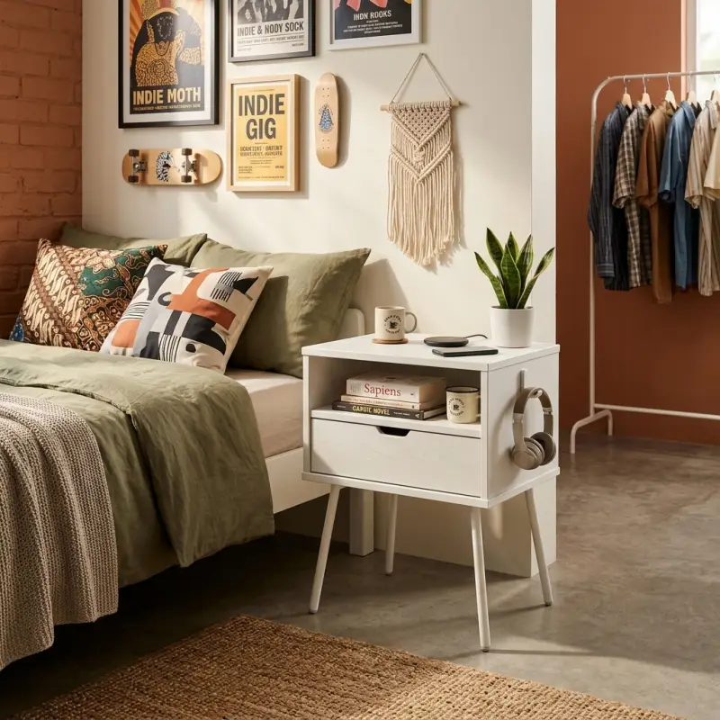 Side Table Kayu 1 Laci Open Shelf Kaki Metal Scandinavian [4]