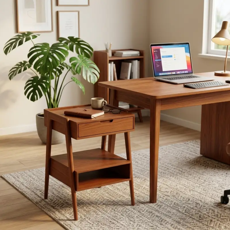 Side Table Kayu Laci 1 Pintu dengan Rak Terbuka Gaya Skandinavia [2]